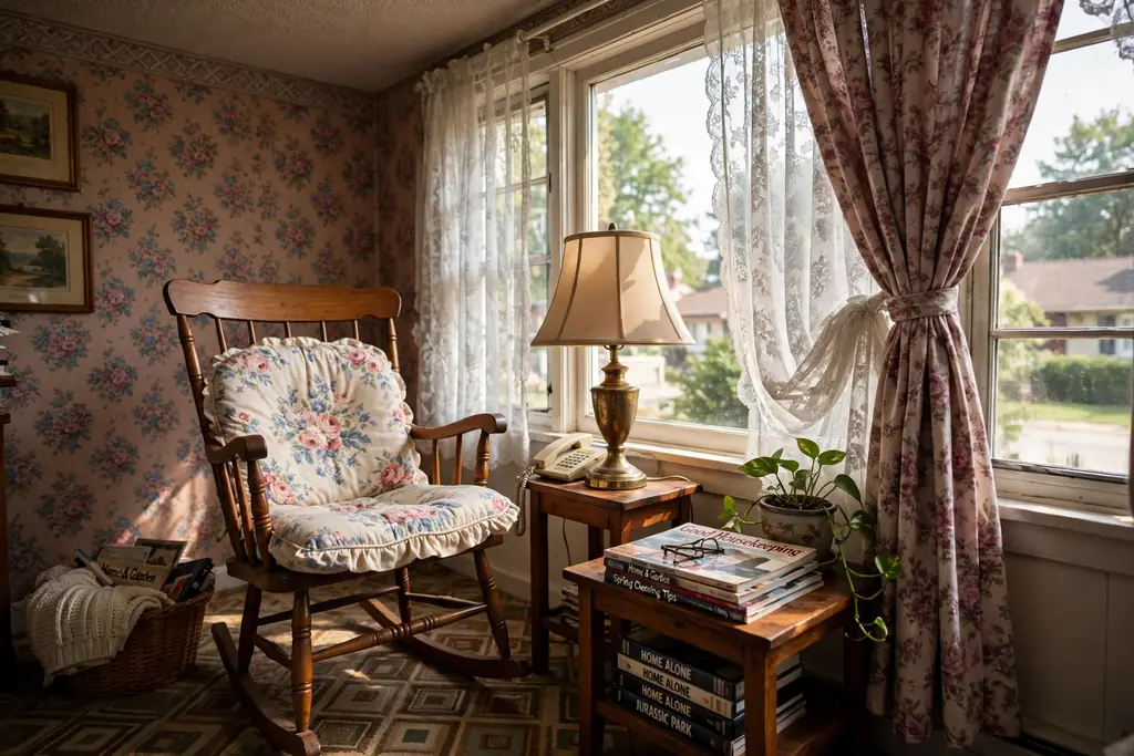 Wooden rocking chair with a floral cushion by a window with a side table and lamp in a 1990s living room.