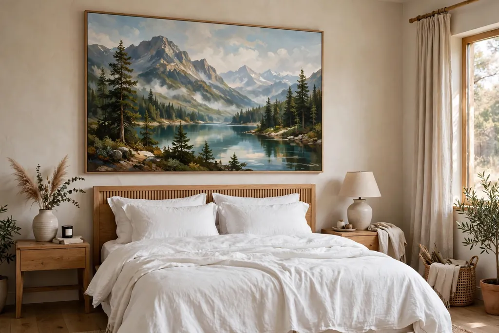 Bedroom with one oversized landscape canvas above a bed with white bedding.