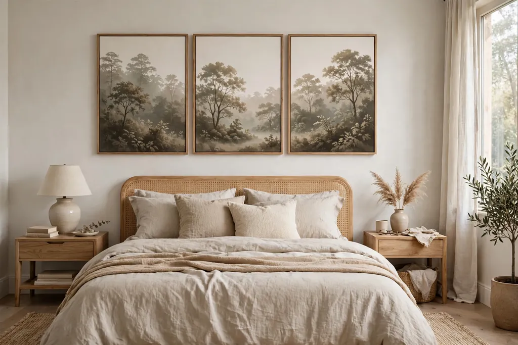 Bedroom with a three panel triptych above a bed with neutral bedding.