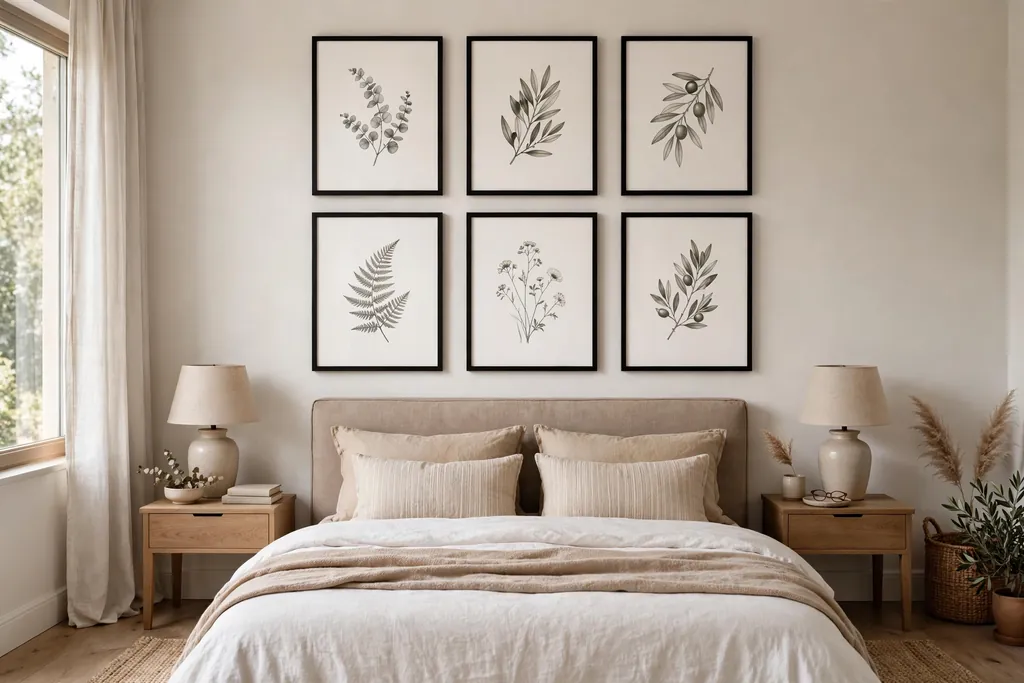 Bedroom with a symmetrical grid of matching framed prints above a bed.