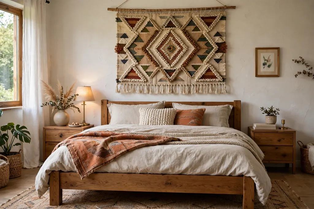 Bedroom with a woven tapestry hanging above a wooden bed.