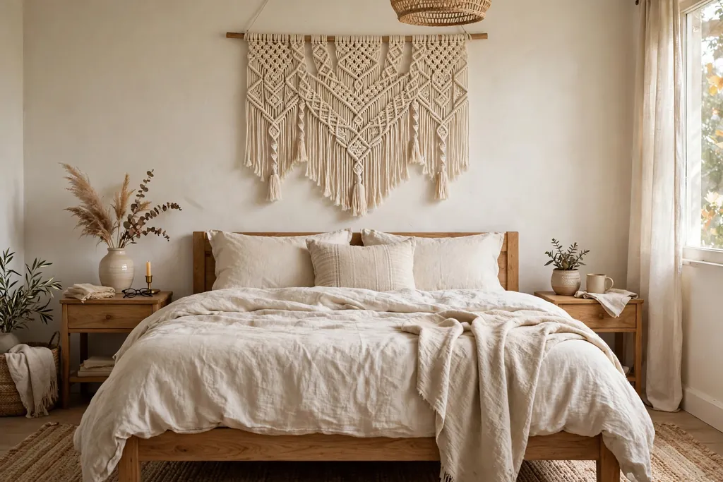 Bedroom with a cream macrame wall hanging above a bed with linen bedding.