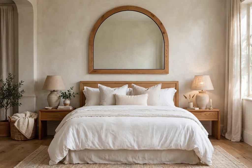 Bedroom with a large arched mirror above a bed with white bedding.