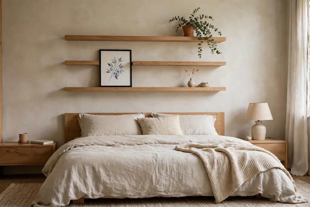 Bedroom with floating wood shelves above a bed holding a plant and framed print.