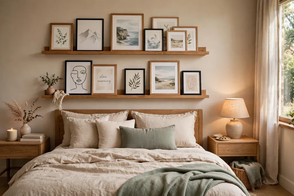 Bedroom with picture ledges above a bed holding layered framed prints.