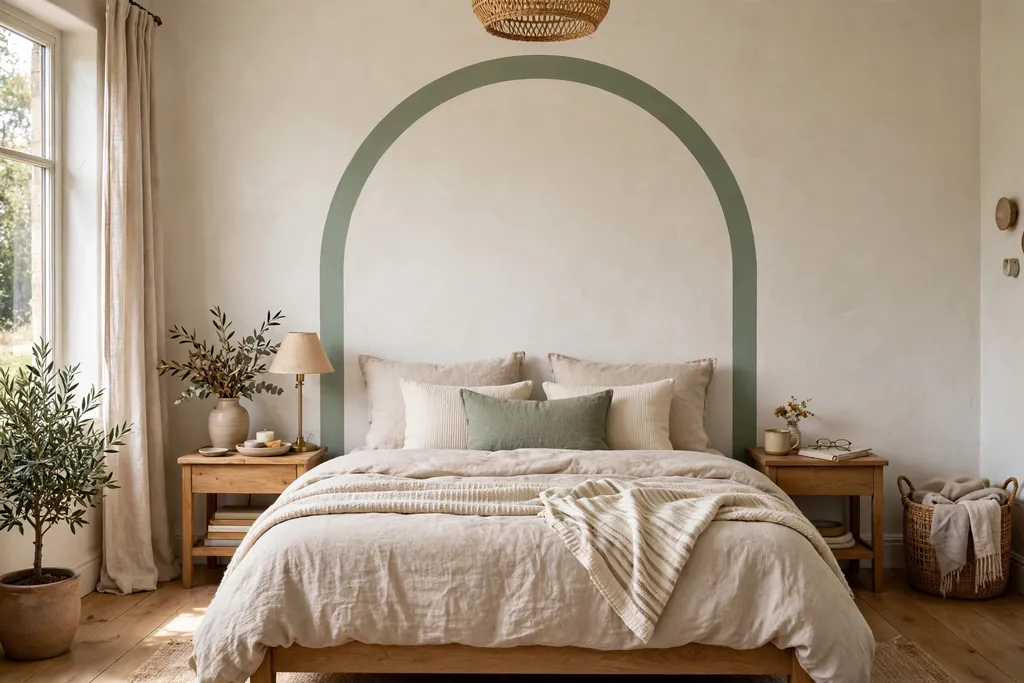 Bedroom with a painted sage arch on the wall behind a bed.