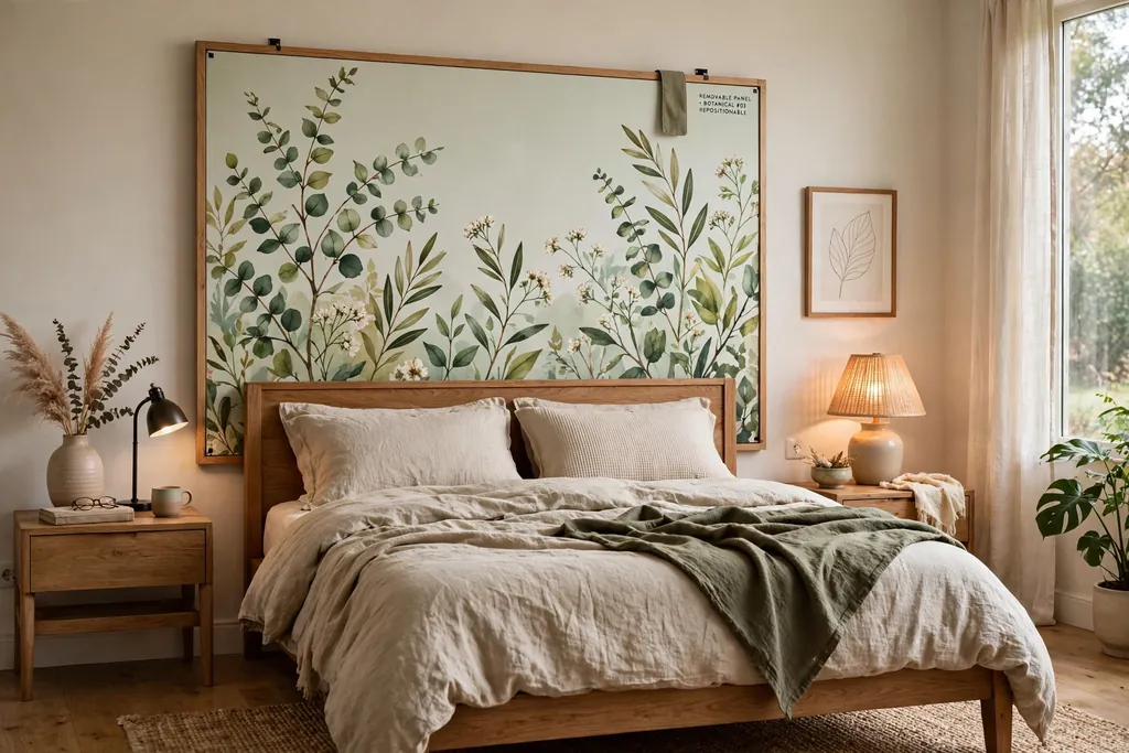 Bedroom with a removable botanical wallpaper panel behind a bed.