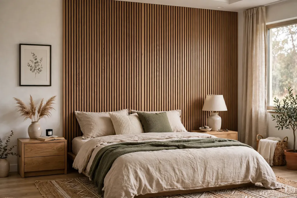 Bedroom with vertical wood slats on the wall behind a bed.