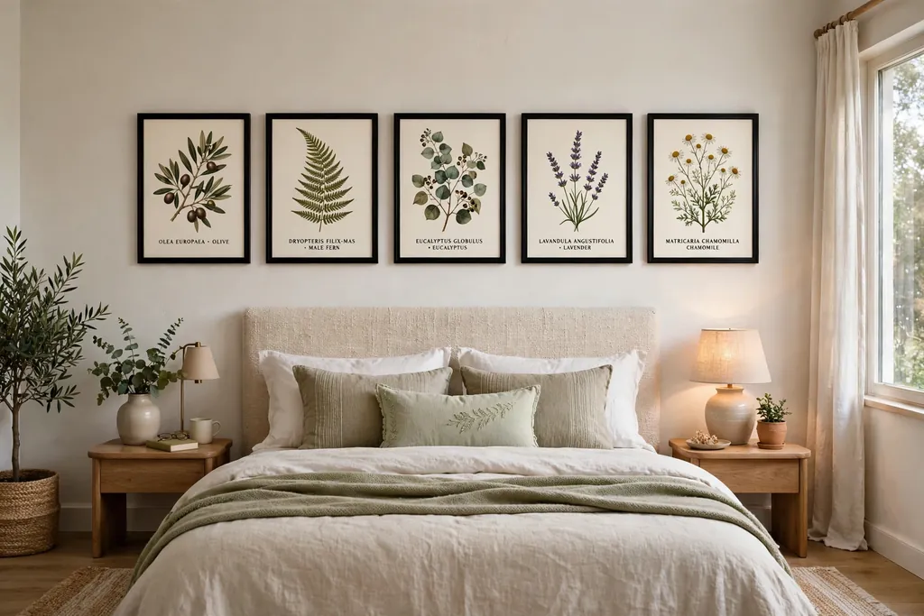 Bedroom with a row of botanical prints in matching frames above a bed.