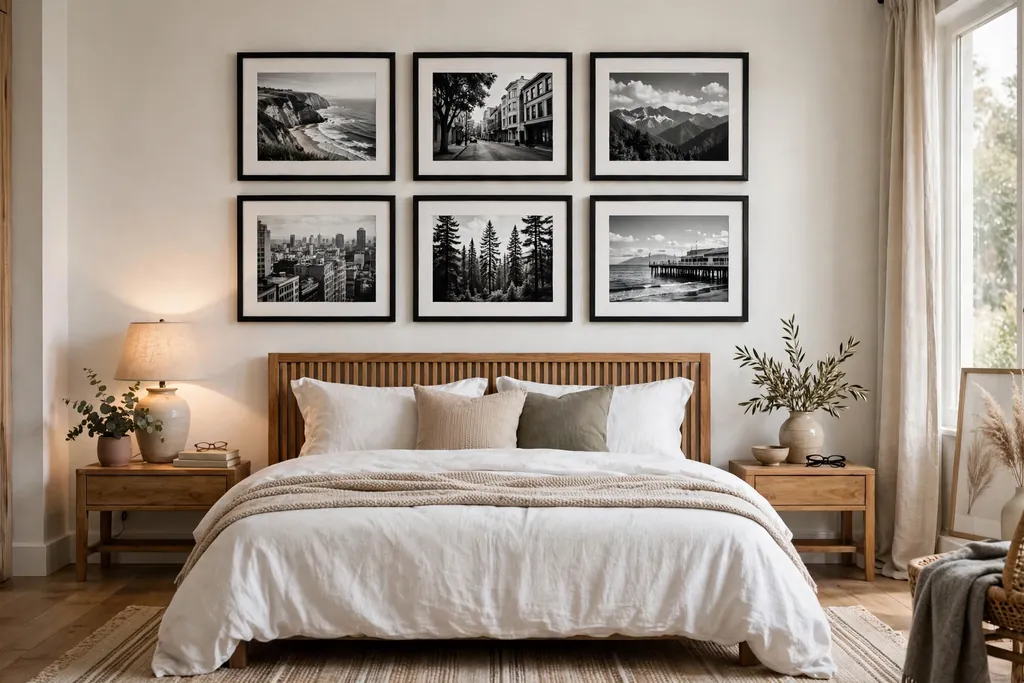 Bedroom with black and white framed photographs above a bed.