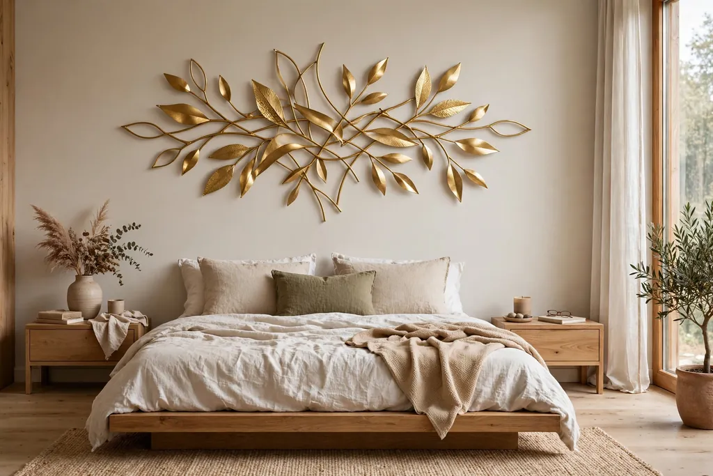 Bedroom with a gold metal wall sculpture above a low bed.