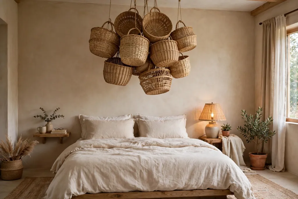 Bedroom with a cluster of woven baskets hanging above a bed.
