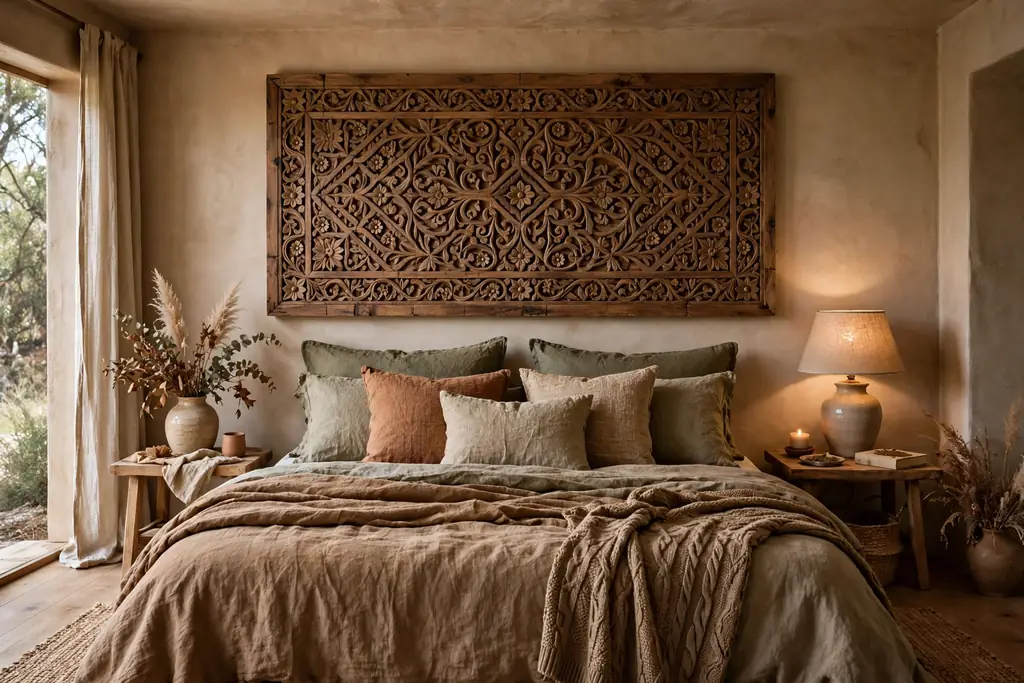 Bedroom with a carved wood panel above a bed with earthy bedding.