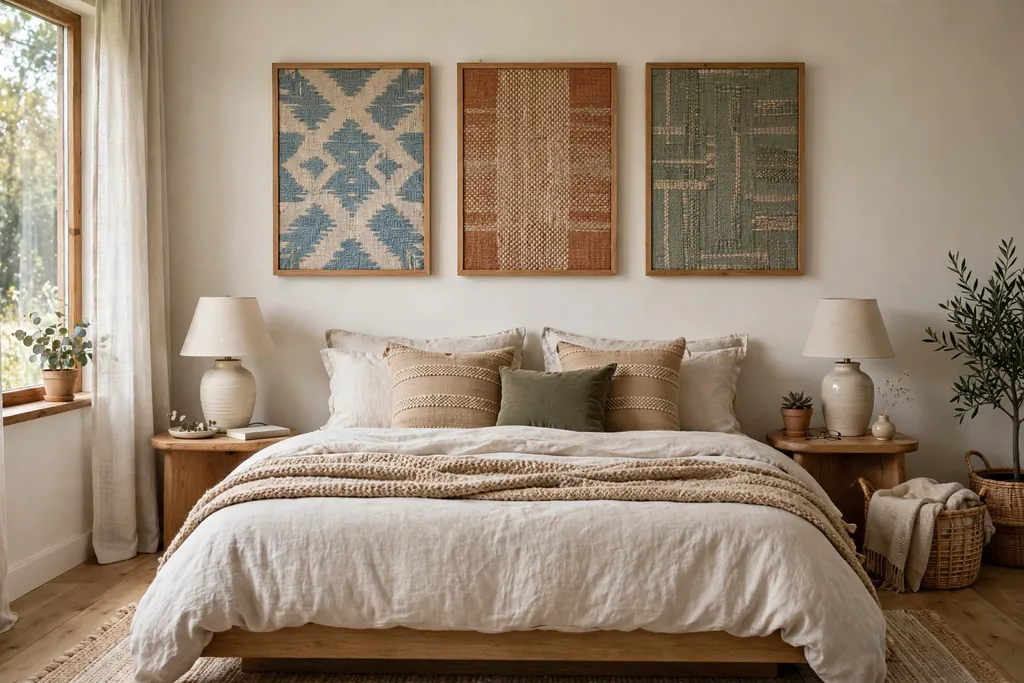 Bedroom with framed fabric panels hanging above a bed.