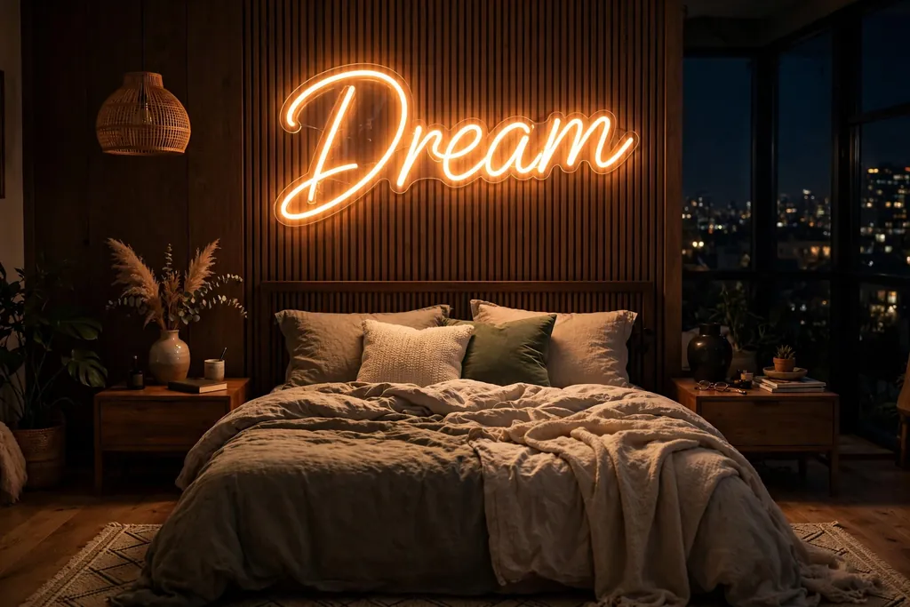 Bedroom with a warm glowing neon word sign above a bed at night.