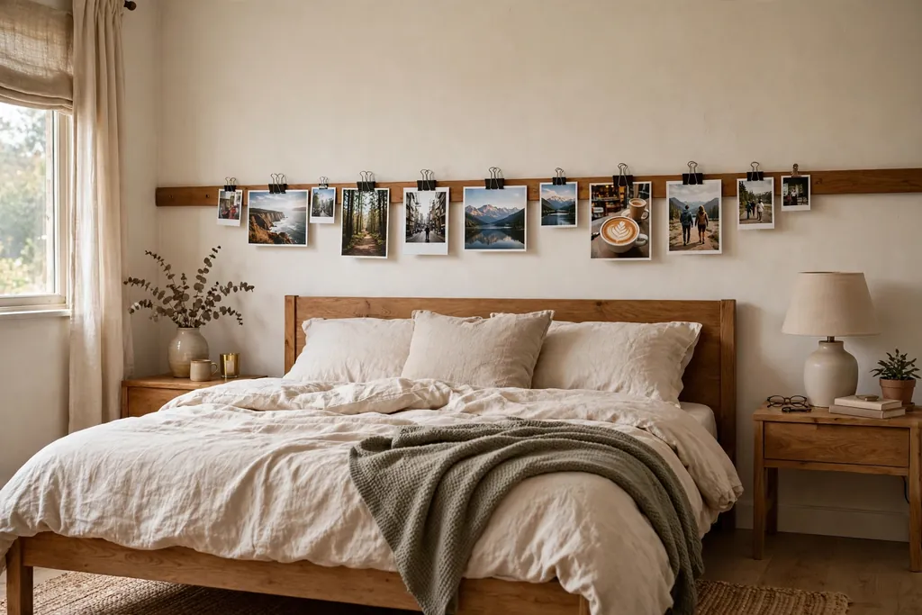 Bedroom with a wooden clip rail holding photos above a bed.