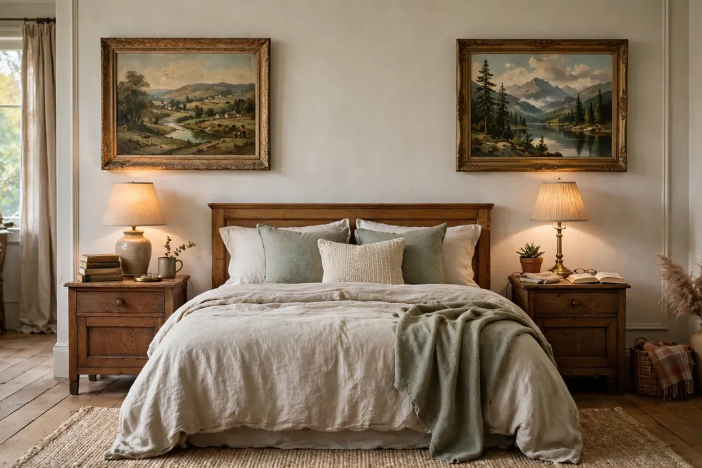 Bedroom with vintage landscape paintings above the nightstands beside a bed.
