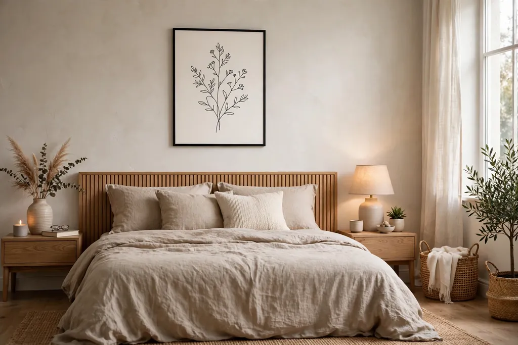 Bedroom with a single line drawing in a slim frame above a bed.