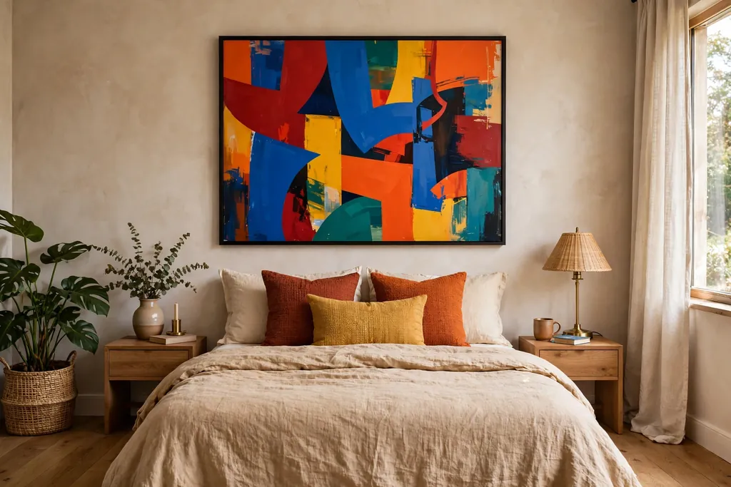 Bedroom with a bold abstract print in strong colors above a bed.