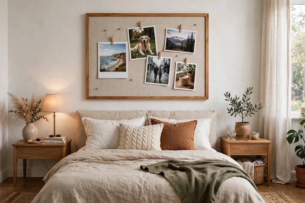Bedroom with a framed linen memo board holding photos above a bed.