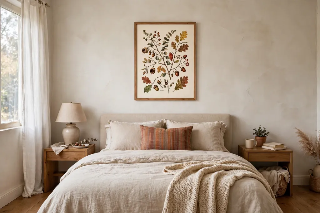 Bedroom with one framed seasonal botanical print above a bed.