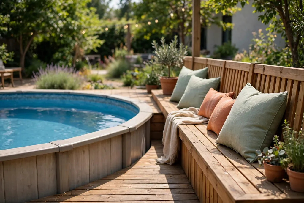 Built-in wooden bench running along one edge of an above ground pool deck.
