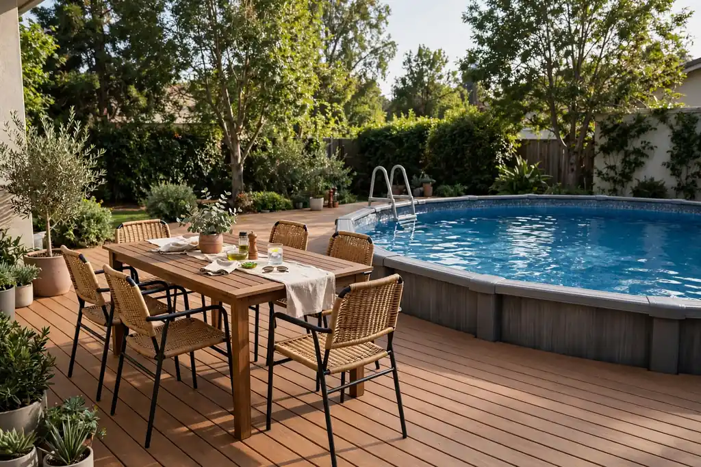 Dining table and chairs on a pool deck section clear of the main splash zone.