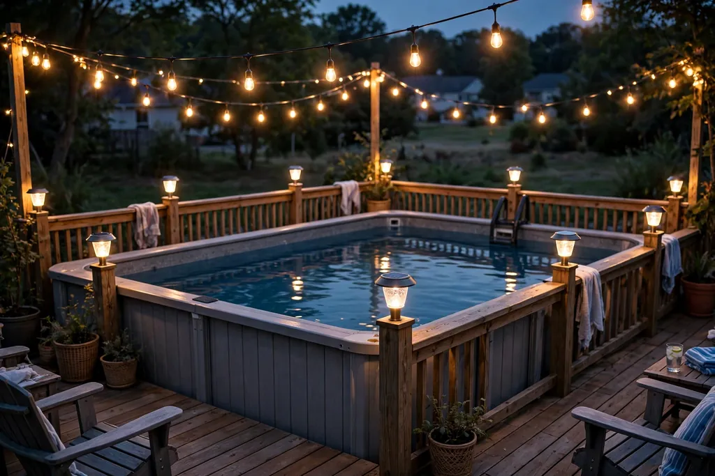 String lights and solar post lights glowing over a pool deck at dusk.