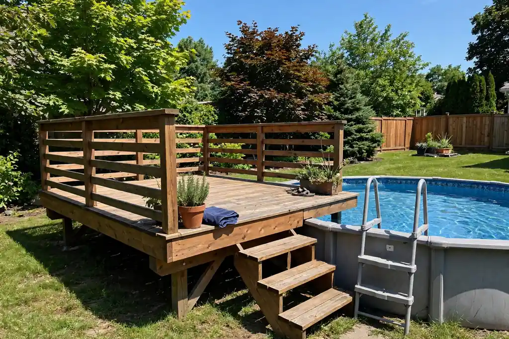 Freestanding platform deck beside an above ground pool with a step to the pool ladder.