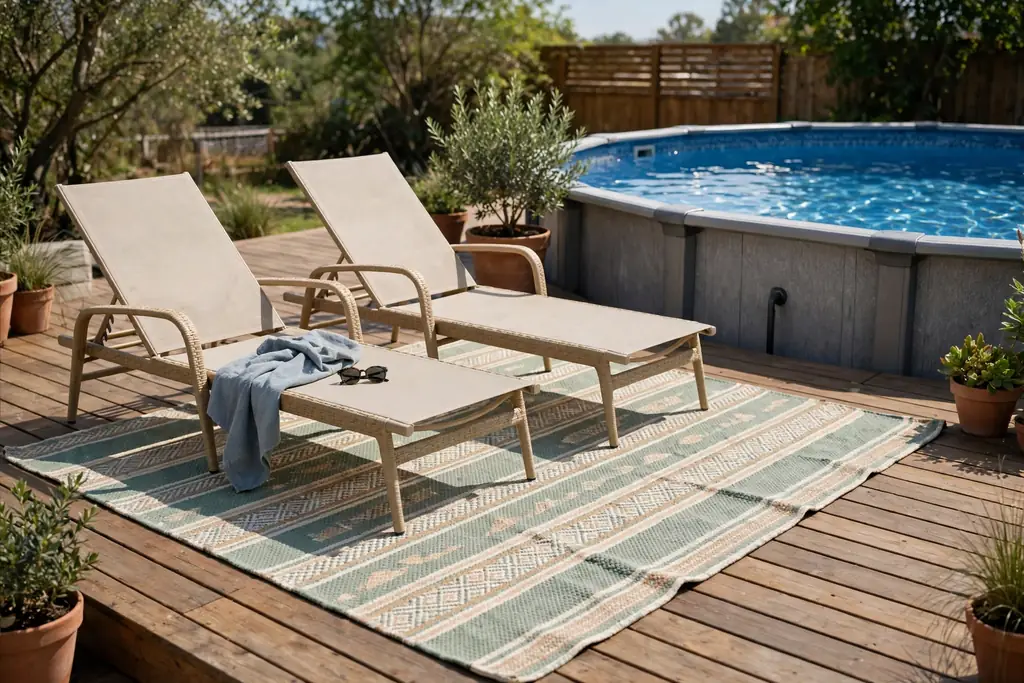 Loungers and a washable outdoor rug on an above ground pool deck.