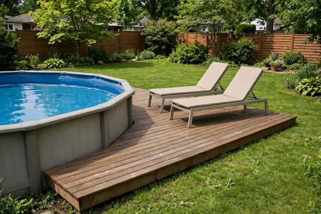 Partial wooden deck along one side of an above ground pool with loungers and a lawn.