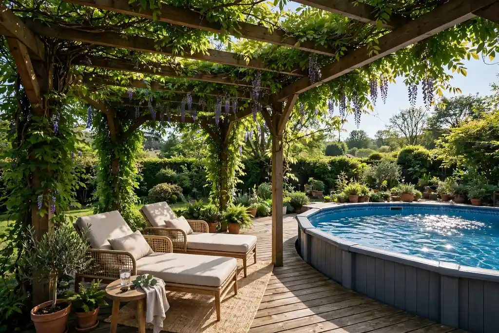 Pergola with climbing plants over the lounge area of an above ground pool deck.