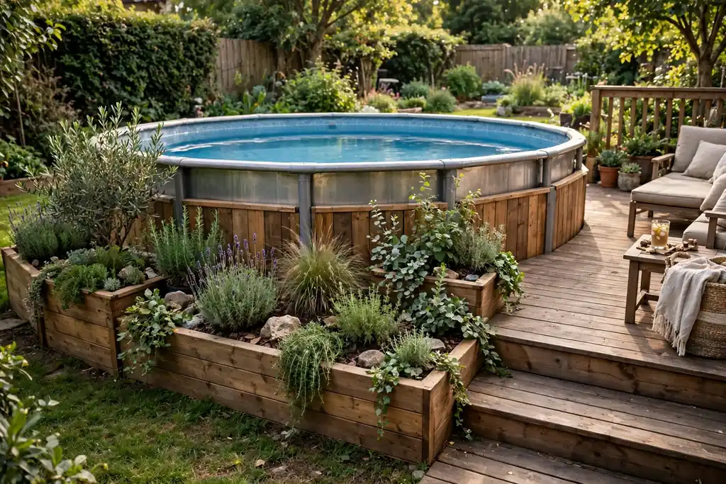 Planters and skirting boards softening the wall of an above ground pool beside a deck.