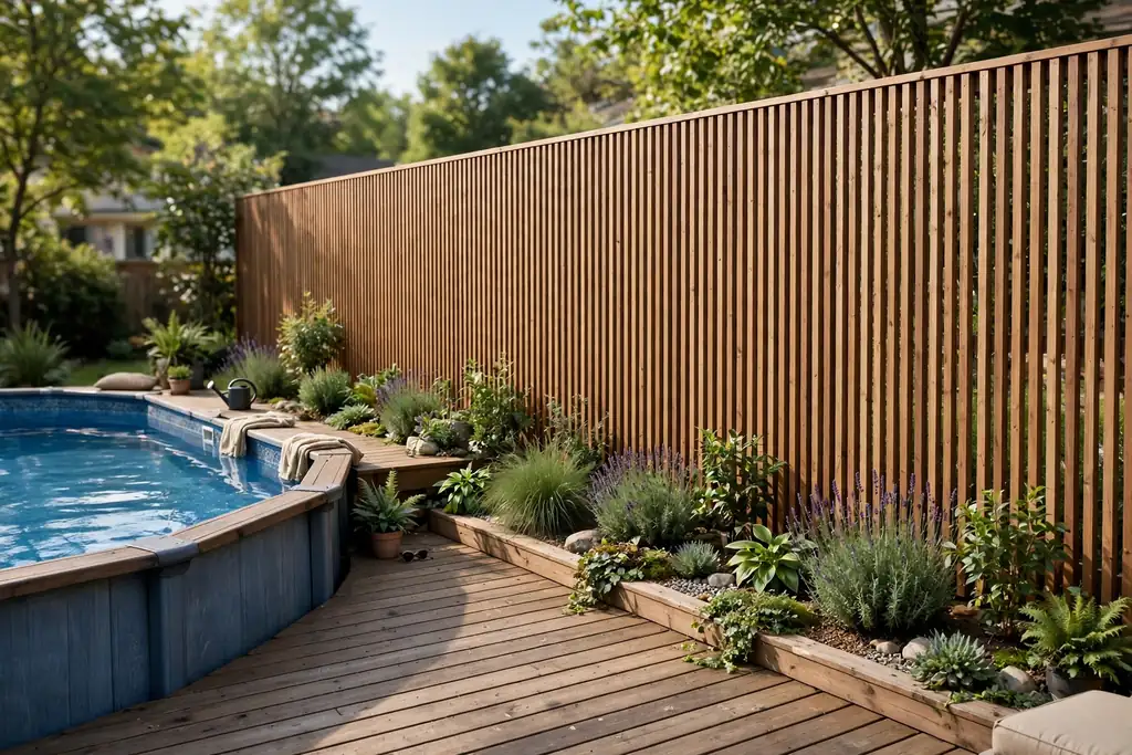 Privacy screen wall along the overlooked side of an above ground pool deck.