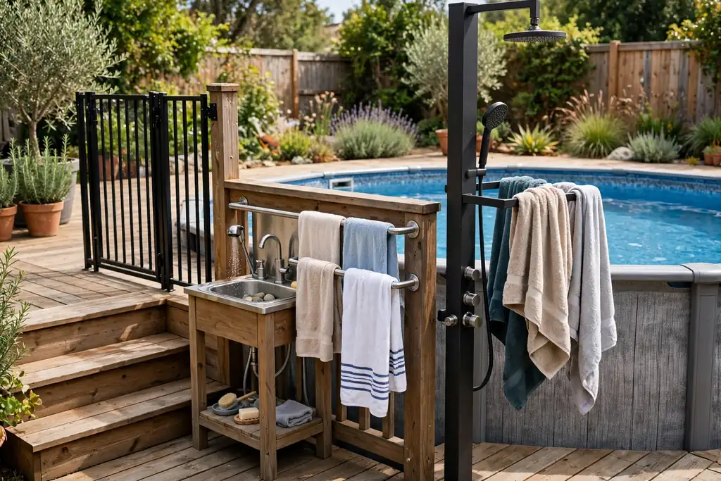 Rinse station and towel rail beside the entry to an above ground pool deck.
