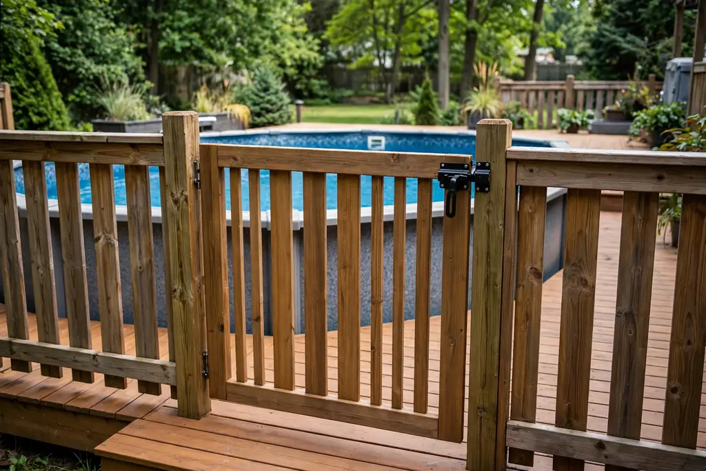 Safety gate with a latch at the entry to an above ground pool deck.