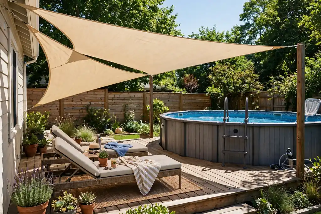 Shade sail stretched over the sunny corner of an above ground pool deck.