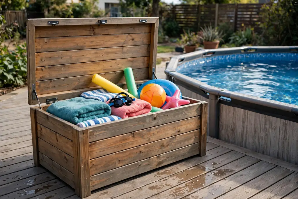 Storage bench box on a pool deck with its lid open showing towels and pool toys.