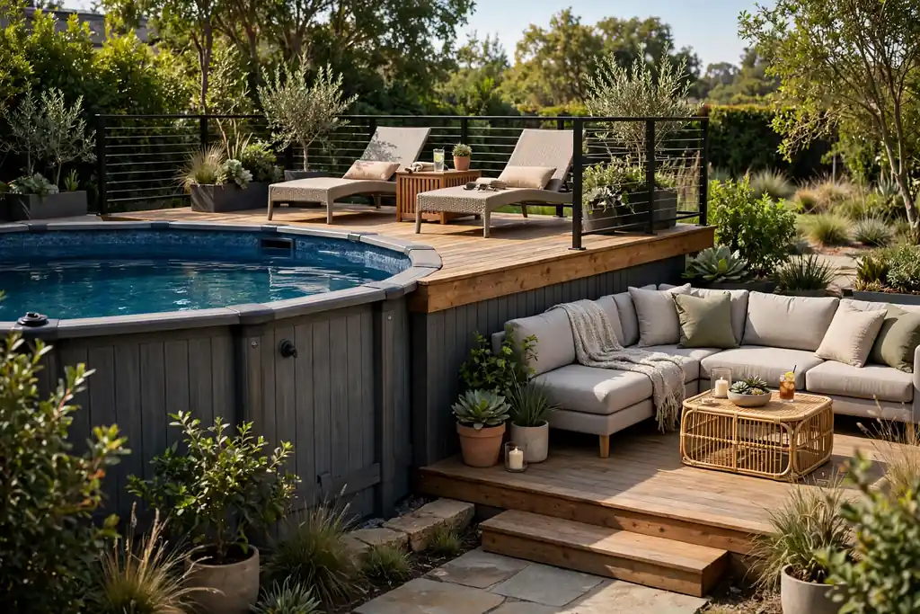 Two level pool deck with an upper sun deck and a lower lounge joined by one shallow step.