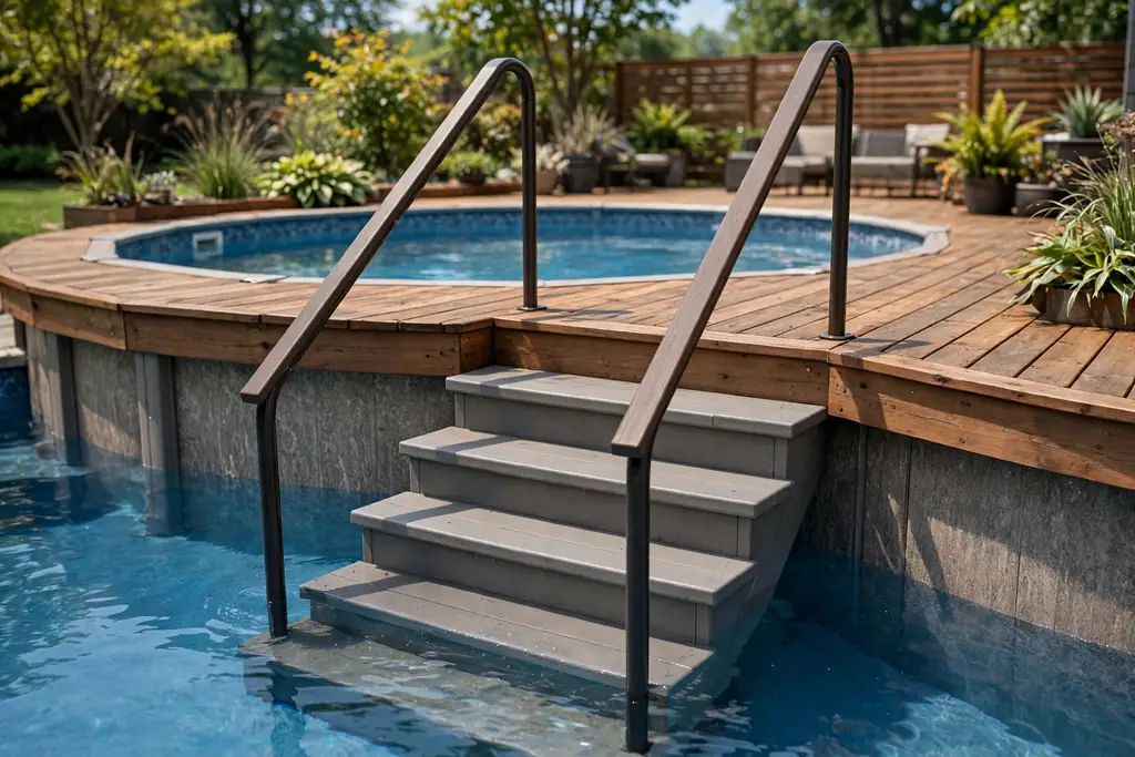 Wide entry steps with a firm handrail leading from a pool deck toward pool water.