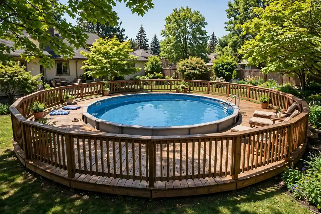 Wraparound wooden deck running all the way around a round above ground pool.