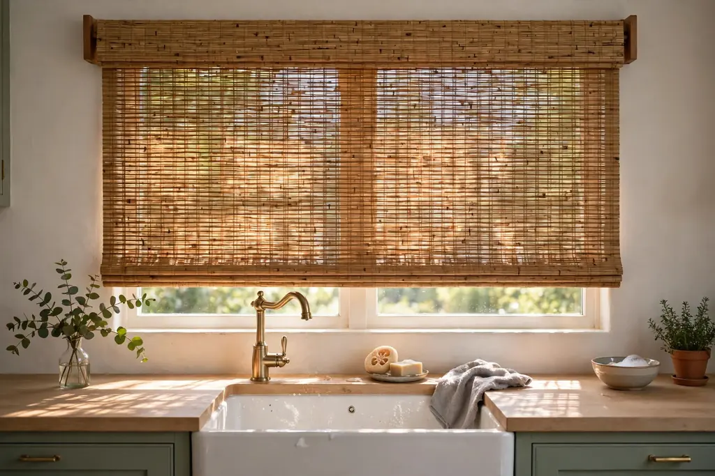 Woven bamboo shade above a kitchen sink window filtering sunlight.