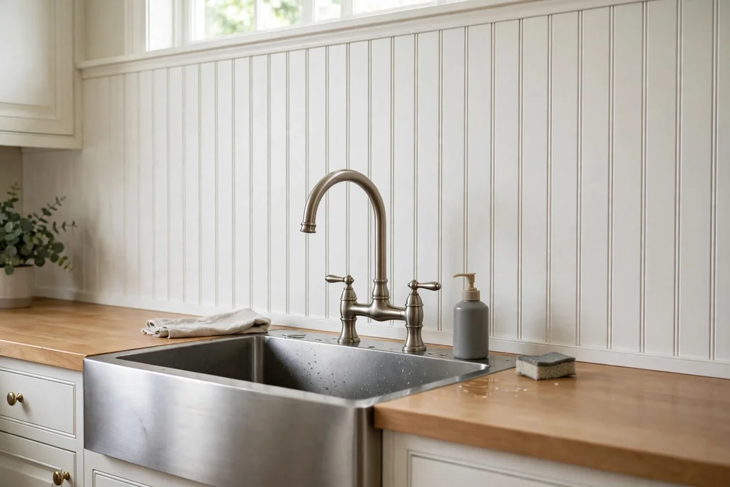 White beadboard panel above a kitchen sink with a farmhouse tap.