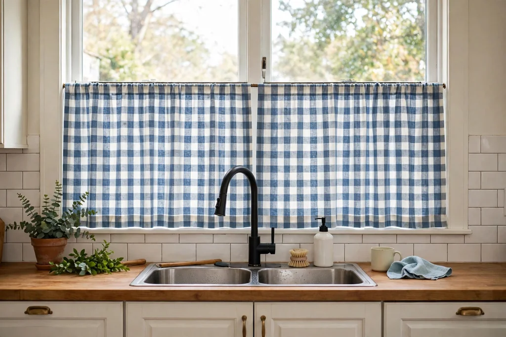 Cafe curtains on the lower half of a kitchen window above a sink.