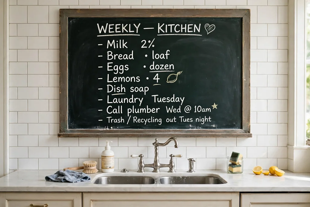 Framed chalkboard memo board above a kitchen sink with handwritten list notes.