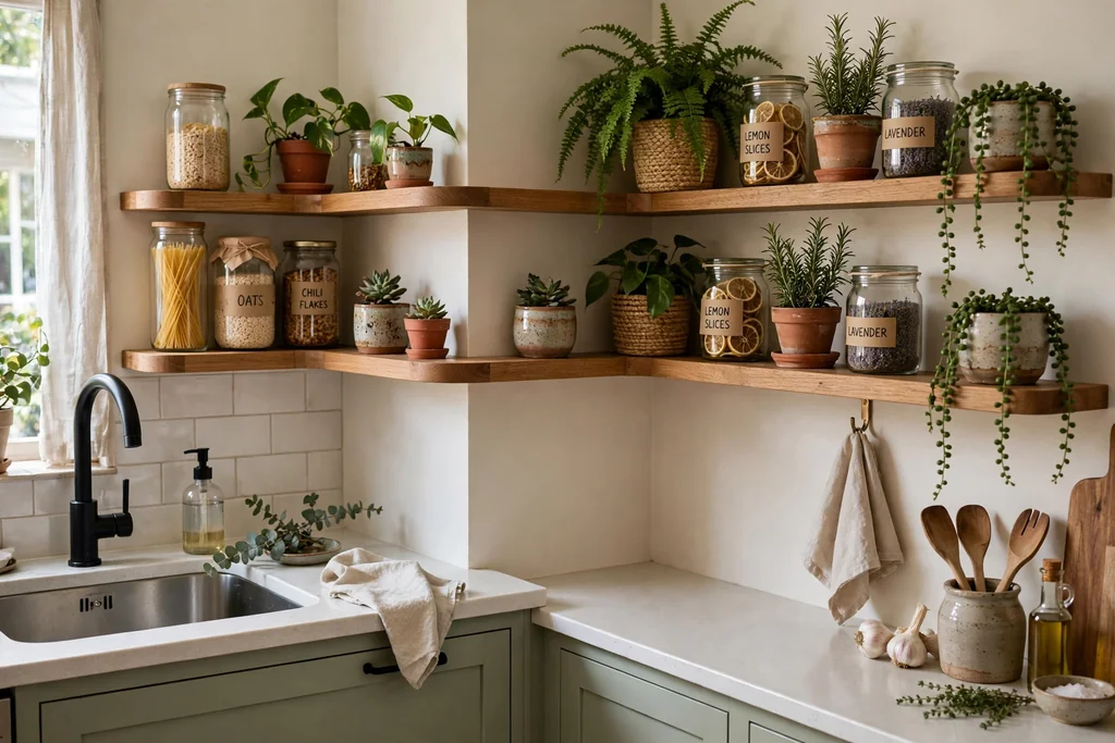 Corner shelves wrapping from a sink wall onto a side wall holding plants and jars.