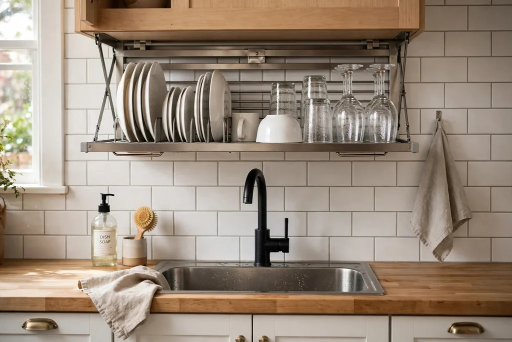 Fold-down drying rack on a wall above a kitchen sink holding clean dishes.