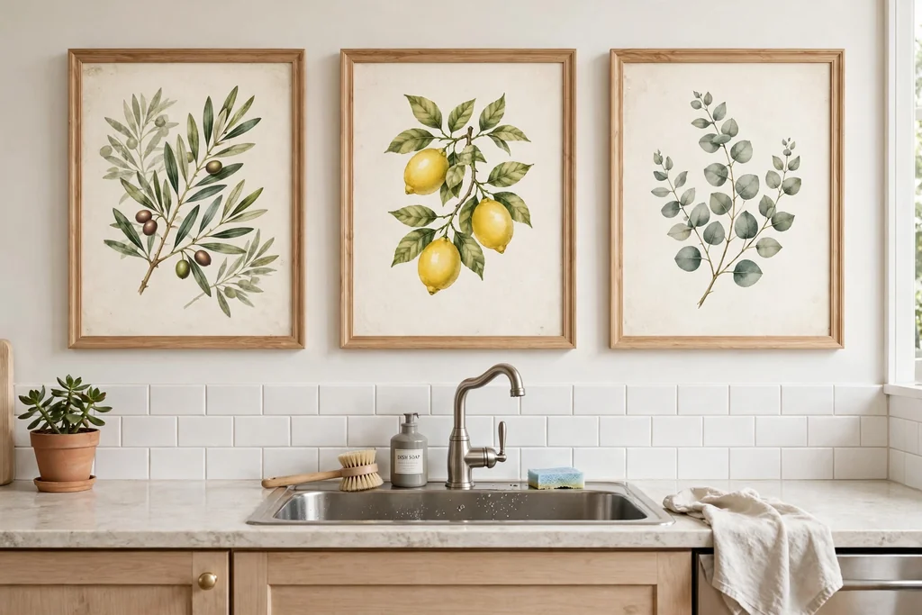Three framed prints in a row above a kitchen sink with matching wood frames.