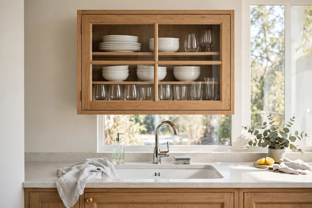 Wall cabinet with a glass front above a kitchen sink holding white dishes and glasses.