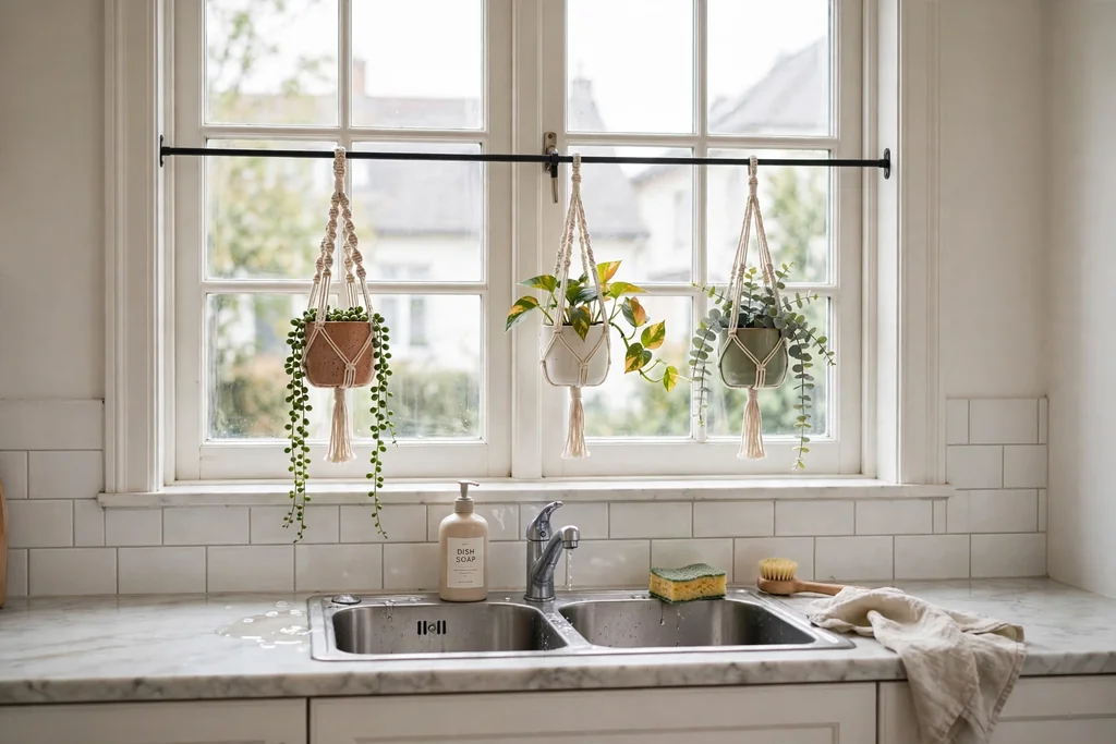 Small hanging planters on a tension rod across a kitchen window above a sink.